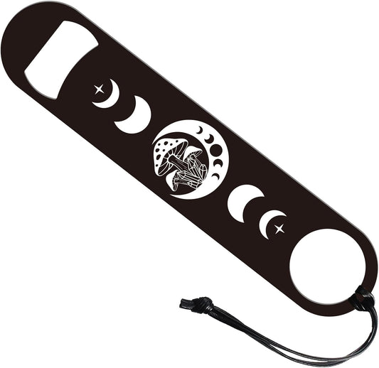 7inch Lunar Phase and Mushrooms Art Stainless Steel Bottle Opener with PU Cord Bar Key for Bartender Beer Bottle Opener Flat Bar Bartender Openers Gift for Home Kitchen Bar Party