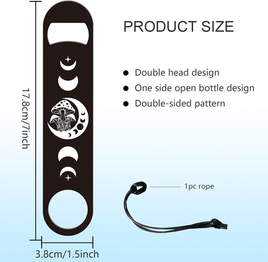 7inch Lunar Phase and Mushrooms Art Stainless Steel Bottle Opener with PU Cord Bar Key for Bartender Beer Bottle Opener Flat Bar Bartender Openers Gift for Home Kitchen Bar Party