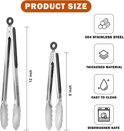 Stainless Steel Kitchen Tongs, Silicone Non-slip Grip, Locking Grilling Food Tongs Set of 2, 9-inch & 12-inch