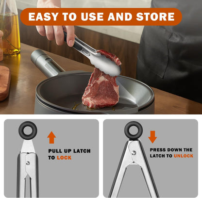 Stainless Steel Kitchen Tongs, Silicone Non-slip Grip, Locking Grilling Food Tongs Set of 2, 9-inch & 12-inch
