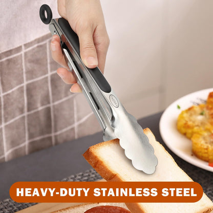 Stainless Steel Kitchen Tongs, Silicone Non-slip Grip, Locking Grilling Food Tongs Set of 2, 9-inch & 12-inch