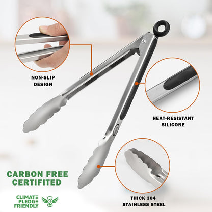 Stainless Steel Kitchen Tongs, Silicone Non-slip Grip, Locking Grilling Food Tongs Set of 2, 9-inch & 12-inch