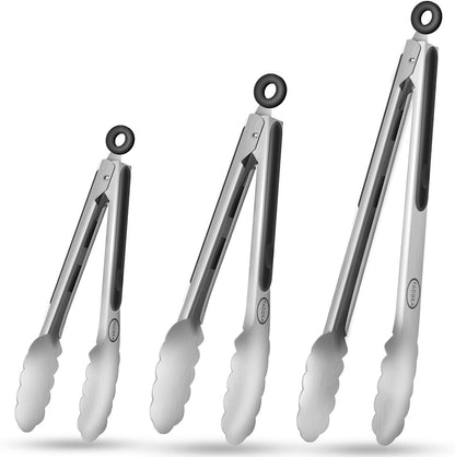 Stainless Steel Kitchen Tongs, Silicone Non-slip Grip, Locking Grilling Food Tongs Set of 2, 9-inch & 12-inch