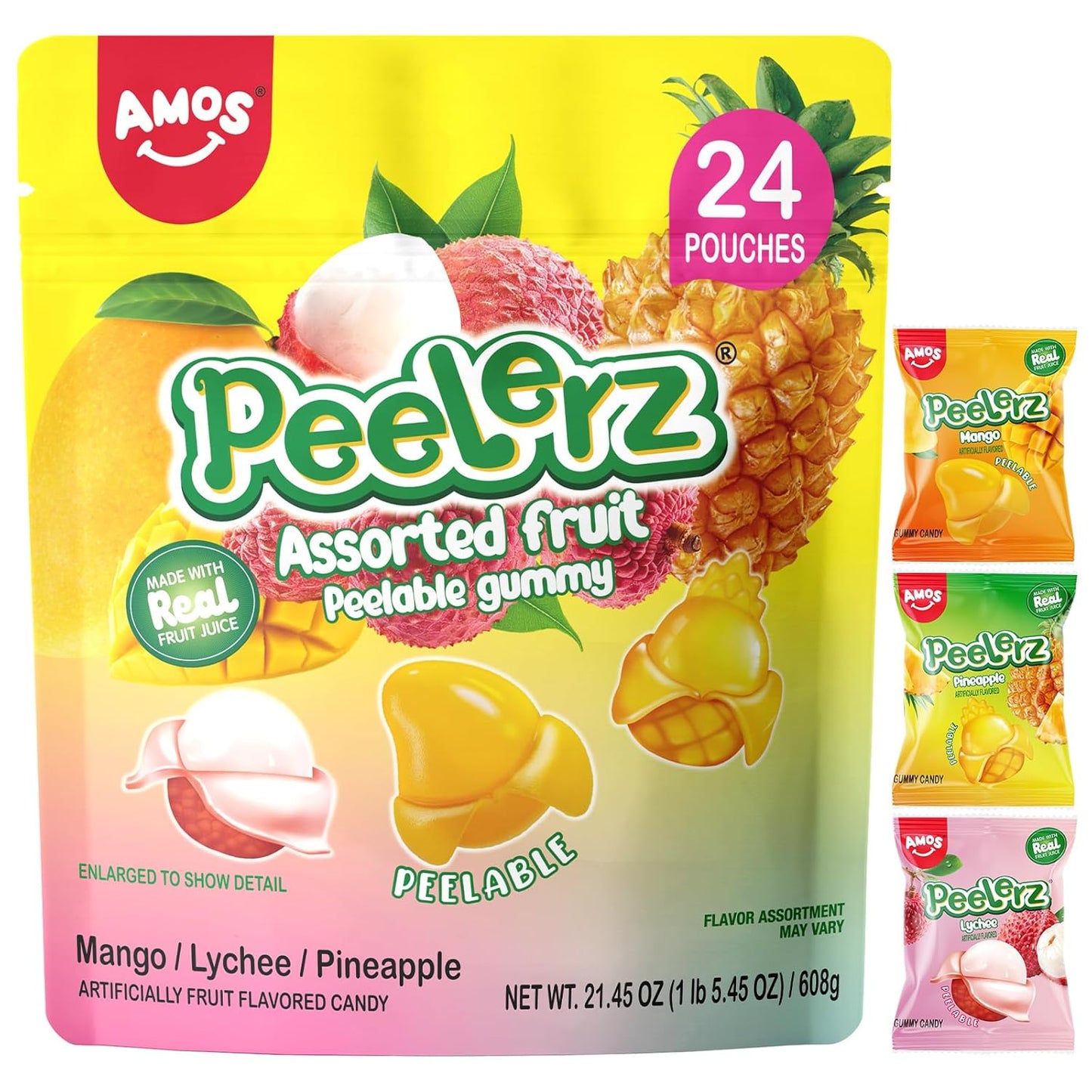 AMOS Peelerz Peelable Gummy Candy Variety Pack, Mango White Peach Banana Green Apple Passion Fruit Lychee, Soft Chewy Fruit Snack, Pack of 6