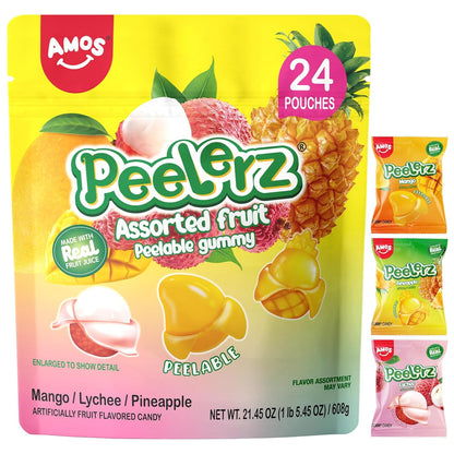 AMOS Peelerz Peelable Gummy Candy Variety Pack, Mango White Peach Banana Green Apple Passion Fruit Lychee, Soft Chewy Fruit Snack, Pack of 6