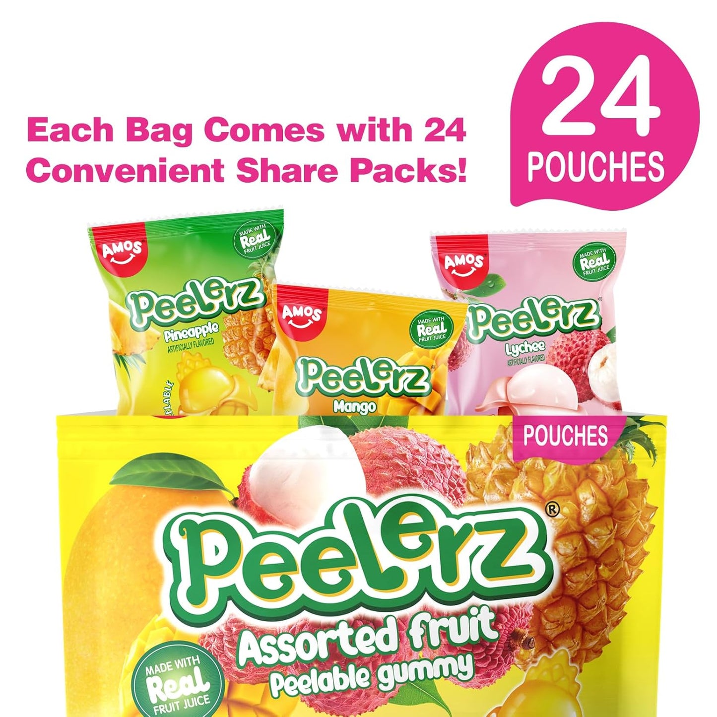 AMOS Peelerz Peelable Gummy Candy Variety Pack, Mango White Peach Banana Green Apple Passion Fruit Lychee, Soft Chewy Fruit Snack, Pack of 6