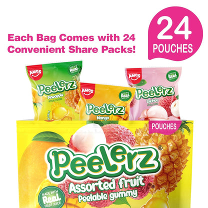 AMOS Peelerz Peelable Gummy Candy Variety Pack, Mango White Peach Banana Green Apple Passion Fruit Lychee, Soft Chewy Fruit Snack, Pack of 6