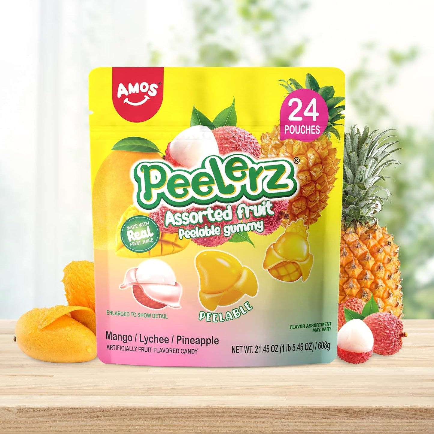 AMOS Peelerz Peelable Gummy Candy Variety Pack, Mango White Peach Banana Green Apple Passion Fruit Lychee, Soft Chewy Fruit Snack, Pack of 6