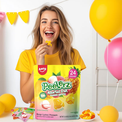AMOS Peelerz Peelable Gummy Candy Variety Pack, Mango White Peach Banana Green Apple Passion Fruit Lychee, Soft Chewy Fruit Snack, Pack of 6