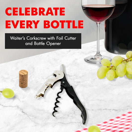 Select Waiters Corkscrew with Foil Cutter and Bottle Opener, 5 inches in Length, Stainless Steel/Black