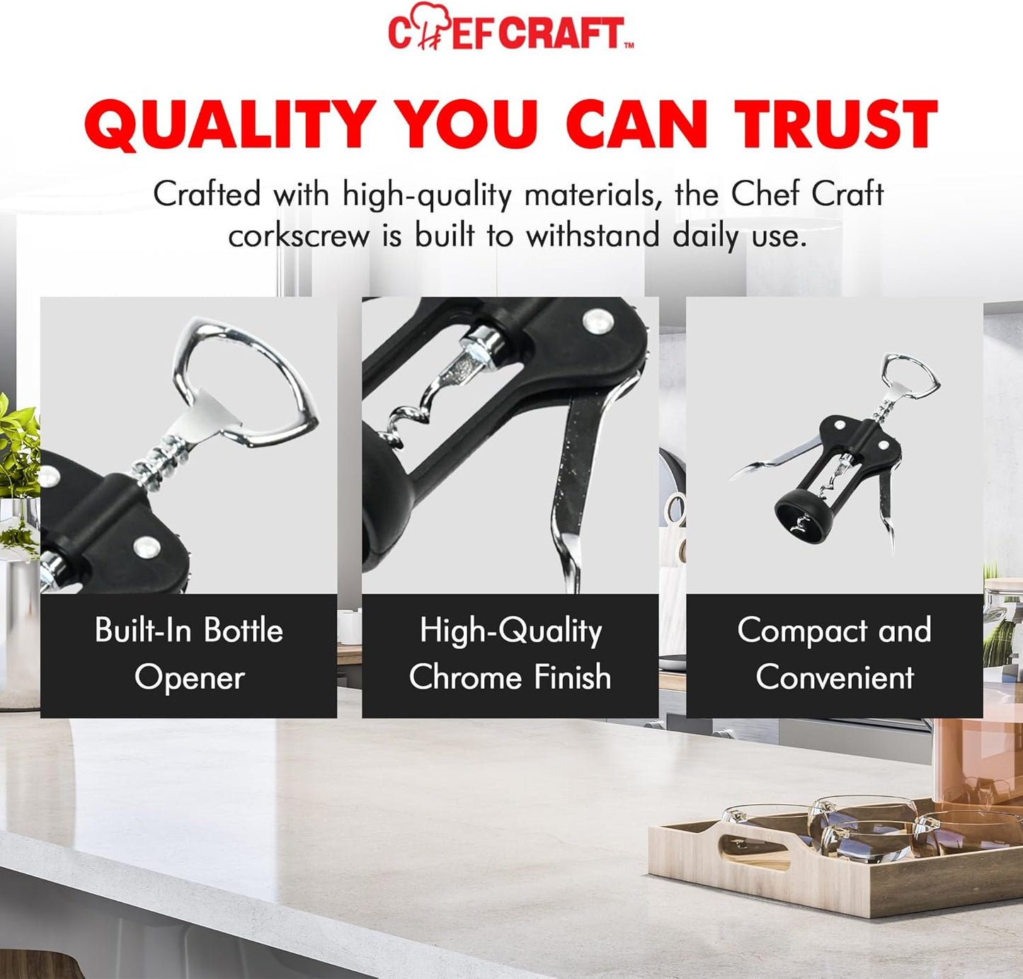 Select Waiters Corkscrew with Foil Cutter and Bottle Opener, 5 inches in Length, Stainless Steel/Black