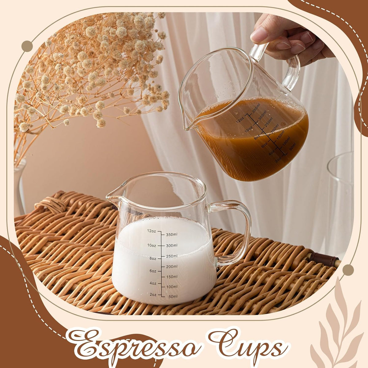 2 Pack 12oz Glass Espresso Measuring Cup for Milk Frothing