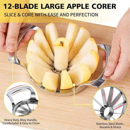 Apple Slicer, 12 Slices Extra Large Apple Cutter, Stainless Steel Ultra-Sharp Apple Slicer and Corer, Pitter, Apple Divider Up to 4 Inches Fruit