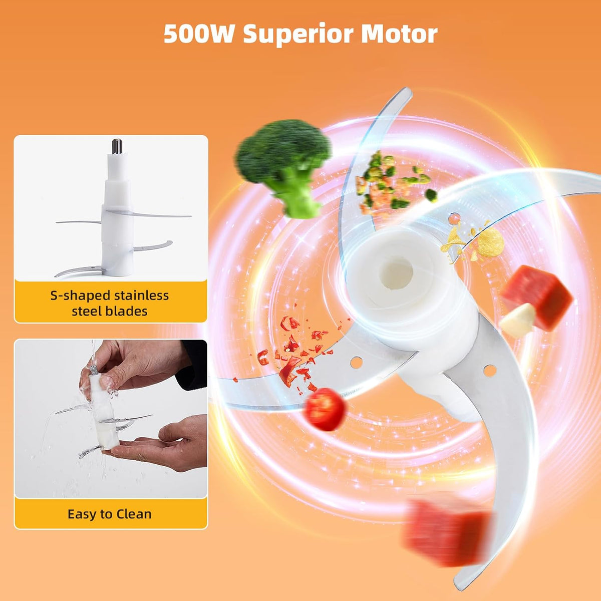 Food Processor,Electric Food Chopper with 500W Stainless Steel Motor & 2 Sharp Blade Sets,8-Cup Glass Bowl for Meat, Vegetables, Fruits and Nuts