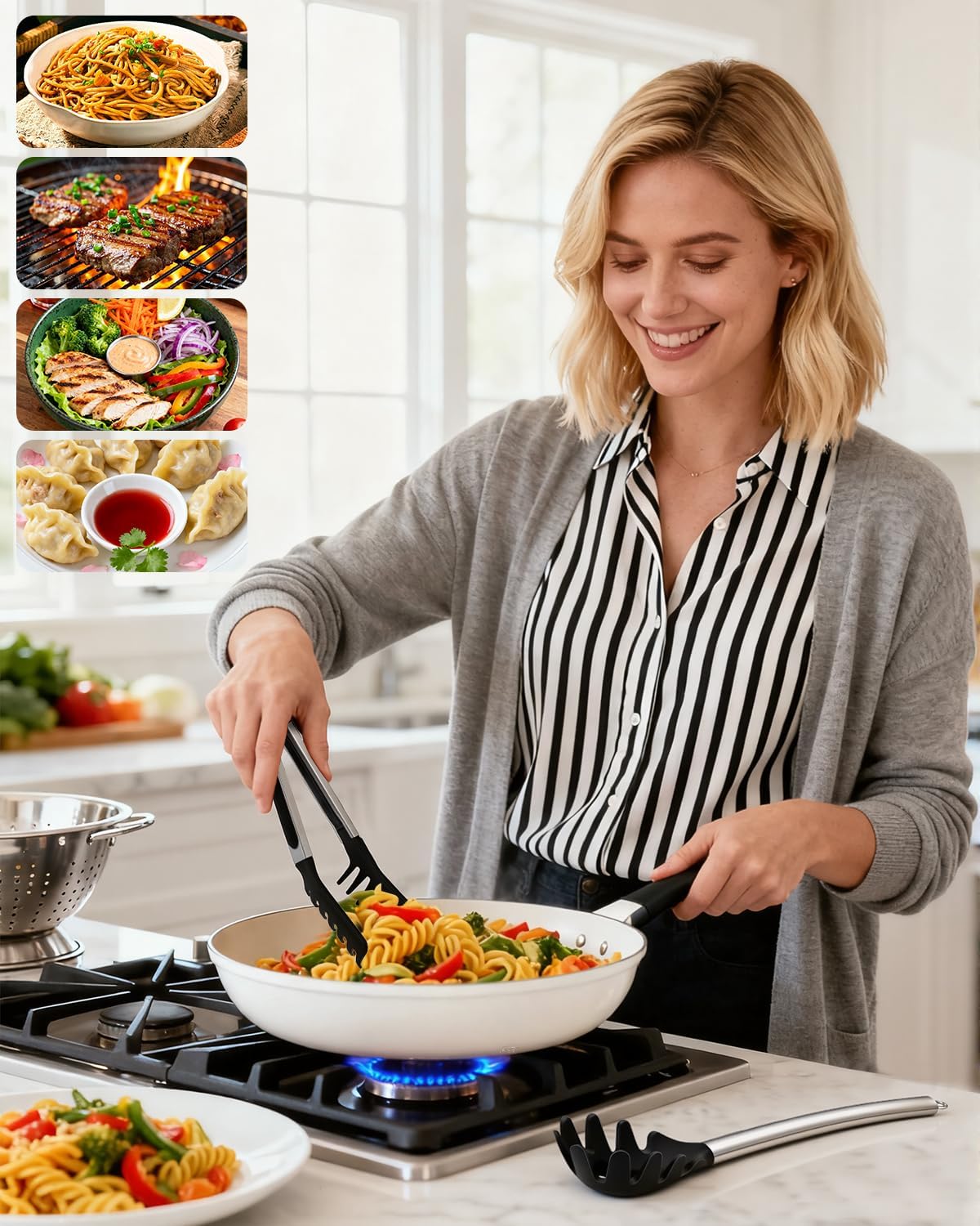 Spaghetti Spoon and Pasta Tong with Grip Teeth and Drain Holes, 2-Piece Non-Stick Silicone Head with Stainless Steel Handle, Heat Resistant Food Grade Utensils for Cooking, Serving, Salad and Noodles