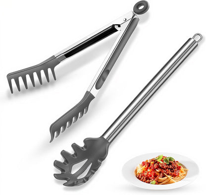 Spaghetti Spoon and Pasta Tong with Grip Teeth and Drain Holes, 2-Piece Non-Stick Silicone Head with Stainless Steel Handle, Heat Resistant Food Grade Utensils for Cooking, Serving, Salad and Noodles