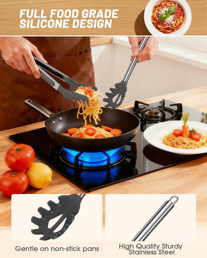 Spaghetti Spoon and Pasta Tong with Grip Teeth and Drain Holes, 2-Piece Non-Stick Silicone Head with Stainless Steel Handle, Heat Resistant Food Grade Utensils for Cooking, Serving, Salad and Noodles