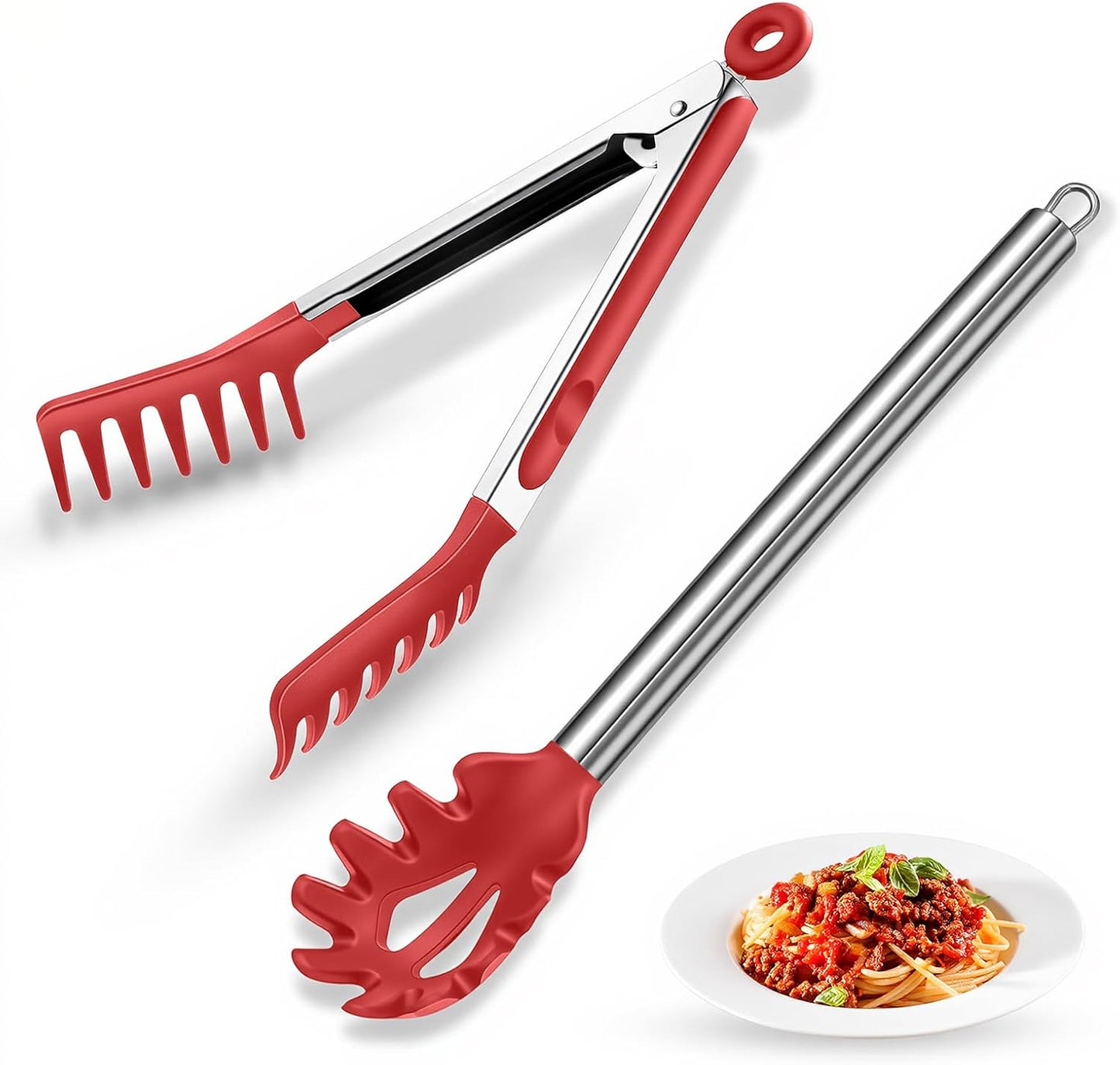 Spaghetti Spoon and Pasta Tong with Grip Teeth and Drain Holes, 2-Piece Non-Stick Silicone Head with Stainless Steel Handle, Heat Resistant Food Grade Utensils for Cooking, Serving, Salad and Noodles