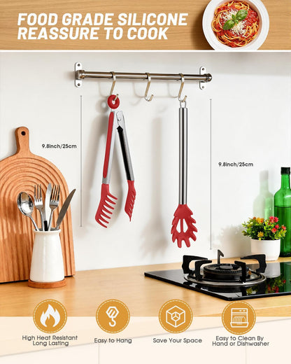 Spaghetti Spoon and Pasta Tong with Grip Teeth and Drain Holes, 2-Piece Non-Stick Silicone Head with Stainless Steel Handle, Heat Resistant Food Grade Utensils for Cooking, Serving, Salad and Noodles