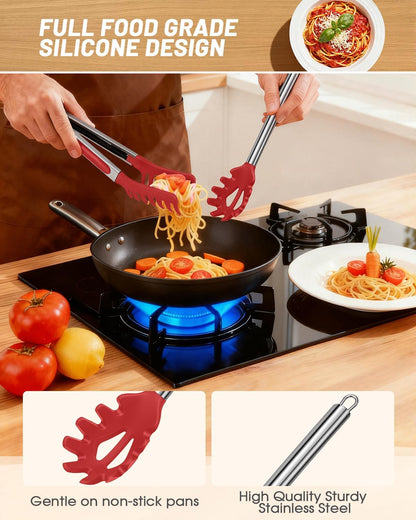 Spaghetti Spoon and Pasta Tong with Grip Teeth and Drain Holes, 2-Piece Non-Stick Silicone Head with Stainless Steel Handle, Heat Resistant Food Grade Utensils for Cooking, Serving, Salad and Noodles