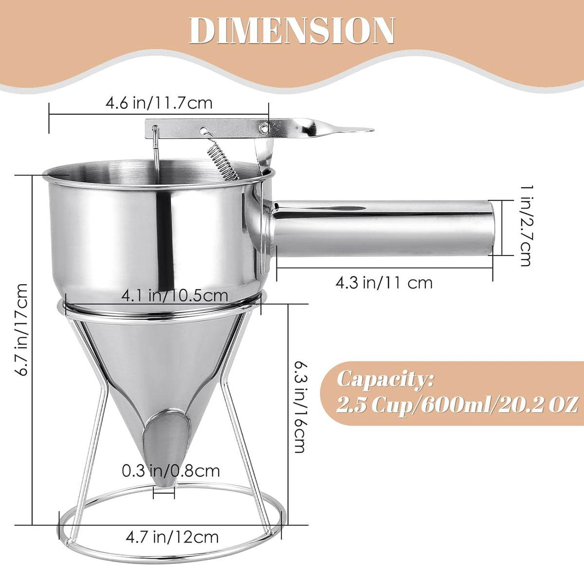 20oz Stainless Steel Pancake Batter Dispenser, 600ml Stand | Piston Funnel Dispenser with Stand for Pancakes, Waffles, Cupcakes, Takoyaki, Chocolate, Baking & Commercial Use
