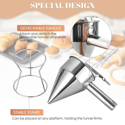 20oz Stainless Steel Pancake Batter Dispenser, 600ml Stand | Piston Funnel Dispenser with Stand for Pancakes, Waffles, Cupcakes, Takoyaki, Chocolate, Baking & Commercial Use