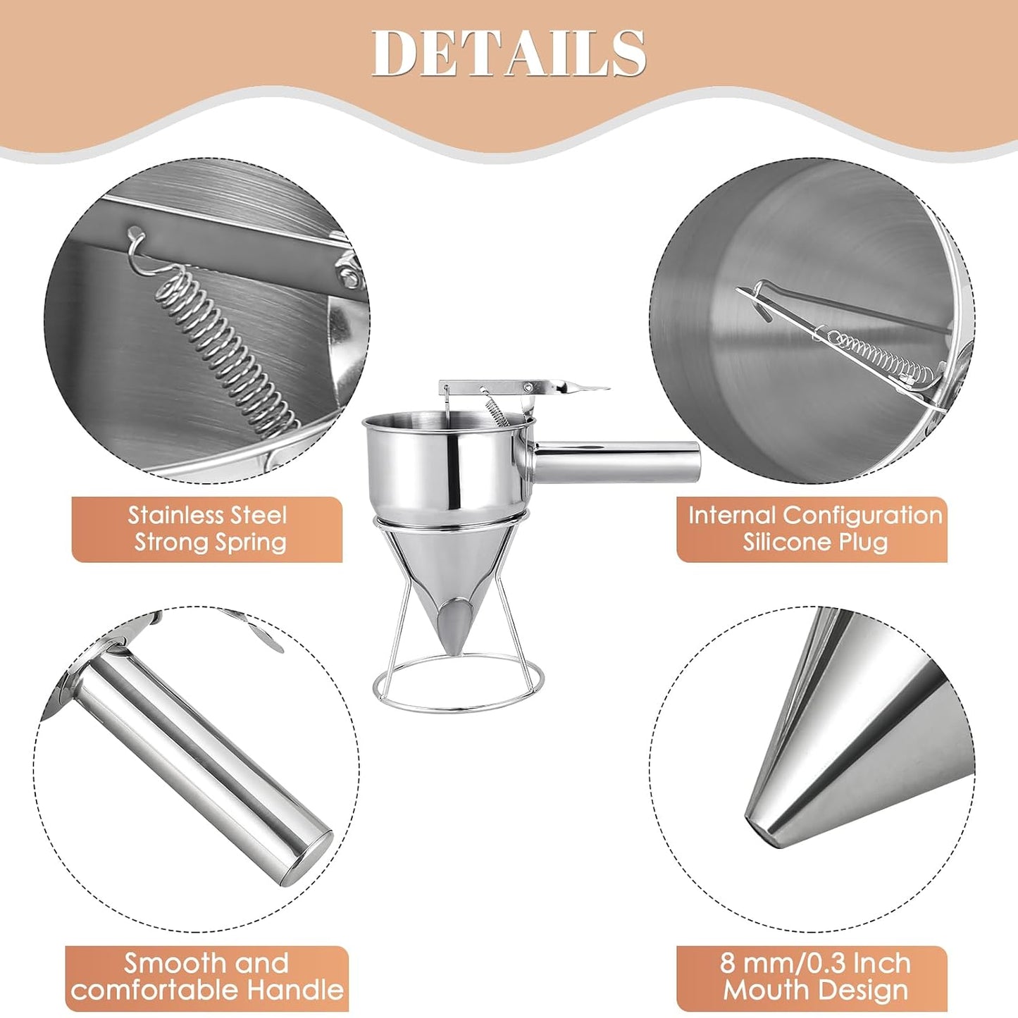 20oz Stainless Steel Pancake Batter Dispenser, 600ml Stand | Piston Funnel Dispenser with Stand for Pancakes, Waffles, Cupcakes, Takoyaki, Chocolate, Baking & Commercial Use