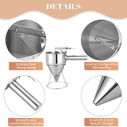 20oz Stainless Steel Pancake Batter Dispenser, 600ml Stand | Piston Funnel Dispenser with Stand for Pancakes, Waffles, Cupcakes, Takoyaki, Chocolate, Baking & Commercial Use