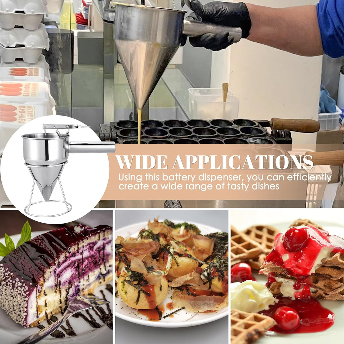 20oz Stainless Steel Pancake Batter Dispenser, 600ml Stand | Piston Funnel Dispenser with Stand for Pancakes, Waffles, Cupcakes, Takoyaki, Chocolate, Baking & Commercial Use
