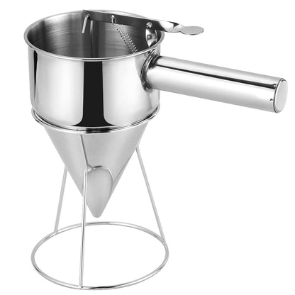 20oz Stainless Steel Pancake Batter Dispenser, 600ml Stand | Piston Funnel Dispenser with Stand for Pancakes, Waffles, Cupcakes, Takoyaki, Chocolate, Baking & Commercial Use