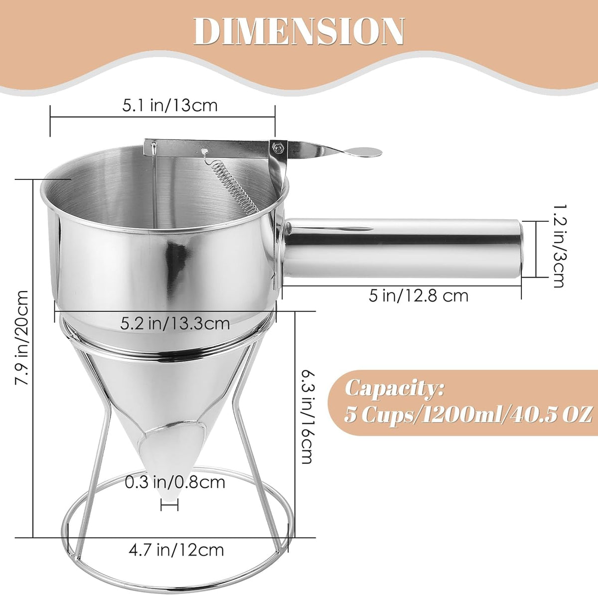 20oz Stainless Steel Pancake Batter Dispenser, 600ml Stand | Piston Funnel Dispenser with Stand for Pancakes, Waffles, Cupcakes, Takoyaki, Chocolate, Baking & Commercial Use
