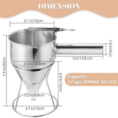 20oz Stainless Steel Pancake Batter Dispenser, 600ml Stand | Piston Funnel Dispenser with Stand for Pancakes, Waffles, Cupcakes, Takoyaki, Chocolate, Baking & Commercial Use