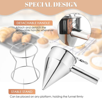 20oz Stainless Steel Pancake Batter Dispenser, 600ml Stand | Piston Funnel Dispenser with Stand for Pancakes, Waffles, Cupcakes, Takoyaki, Chocolate, Baking & Commercial Use
