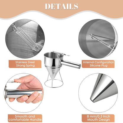 20oz Stainless Steel Pancake Batter Dispenser, 600ml Stand | Piston Funnel Dispenser with Stand for Pancakes, Waffles, Cupcakes, Takoyaki, Chocolate, Baking & Commercial Use