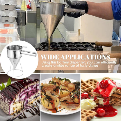 20oz Stainless Steel Pancake Batter Dispenser, 600ml Stand | Piston Funnel Dispenser with Stand for Pancakes, Waffles, Cupcakes, Takoyaki, Chocolate, Baking & Commercial Use