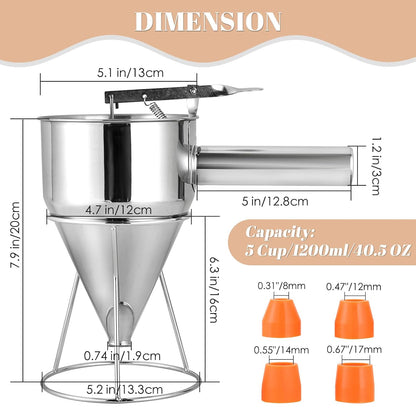 20oz Stainless Steel Pancake Batter Dispenser, 600ml Stand | Piston Funnel Dispenser with Stand for Pancakes, Waffles, Cupcakes, Takoyaki, Chocolate, Baking & Commercial Use