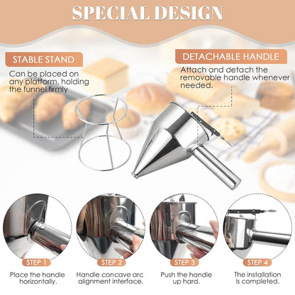 20oz Stainless Steel Pancake Batter Dispenser, 600ml Stand | Piston Funnel Dispenser with Stand for Pancakes, Waffles, Cupcakes, Takoyaki, Chocolate, Baking & Commercial Use