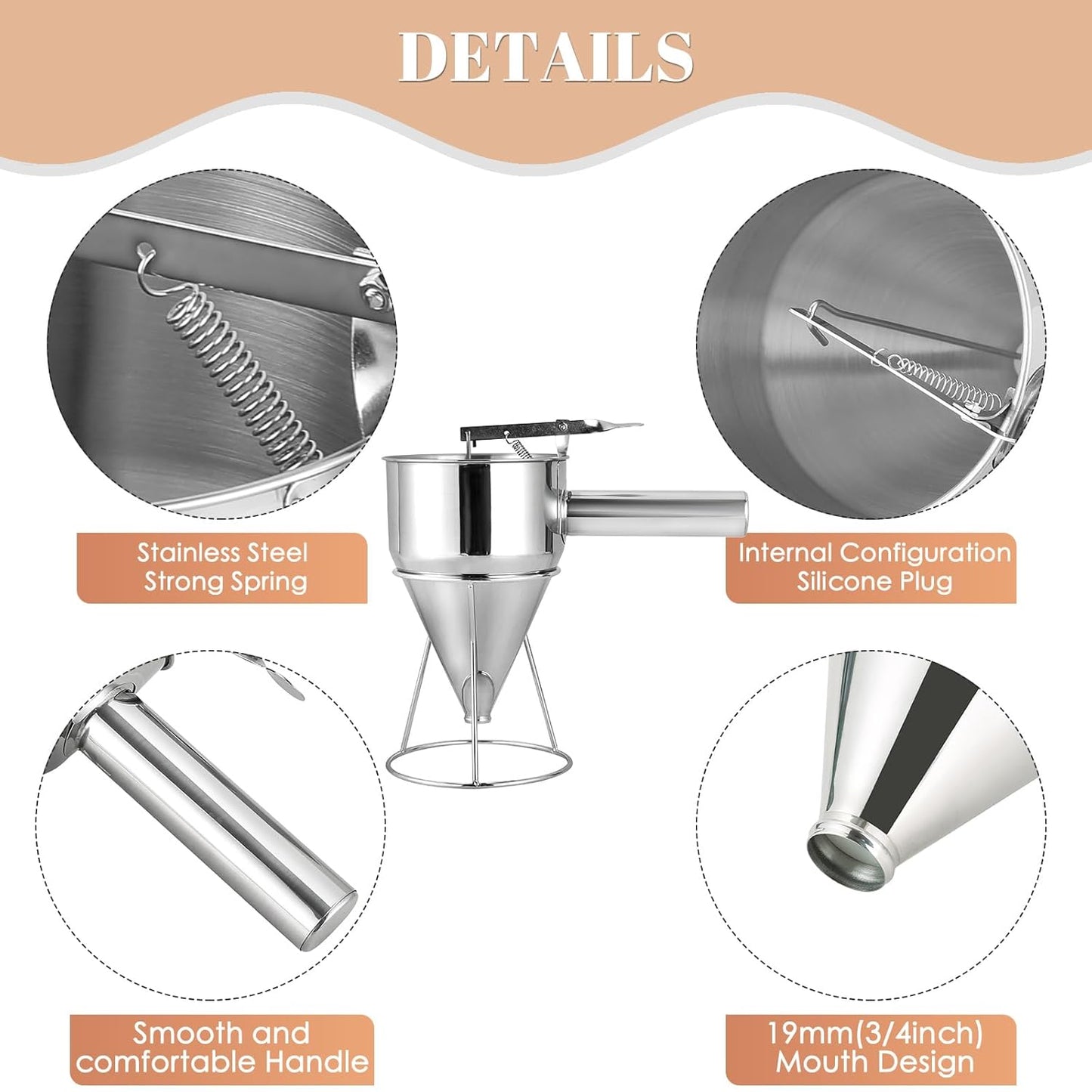 20oz Stainless Steel Pancake Batter Dispenser, 600ml Stand | Piston Funnel Dispenser with Stand for Pancakes, Waffles, Cupcakes, Takoyaki, Chocolate, Baking & Commercial Use