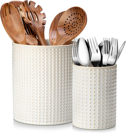 LYDIA Ceramic Utensil Holders, 7.3"+5.5" Kitchen Utensil Crock Set for Countertop, Large & Small Utensil Organizers for Cooking Tools, Rhombus Pattern