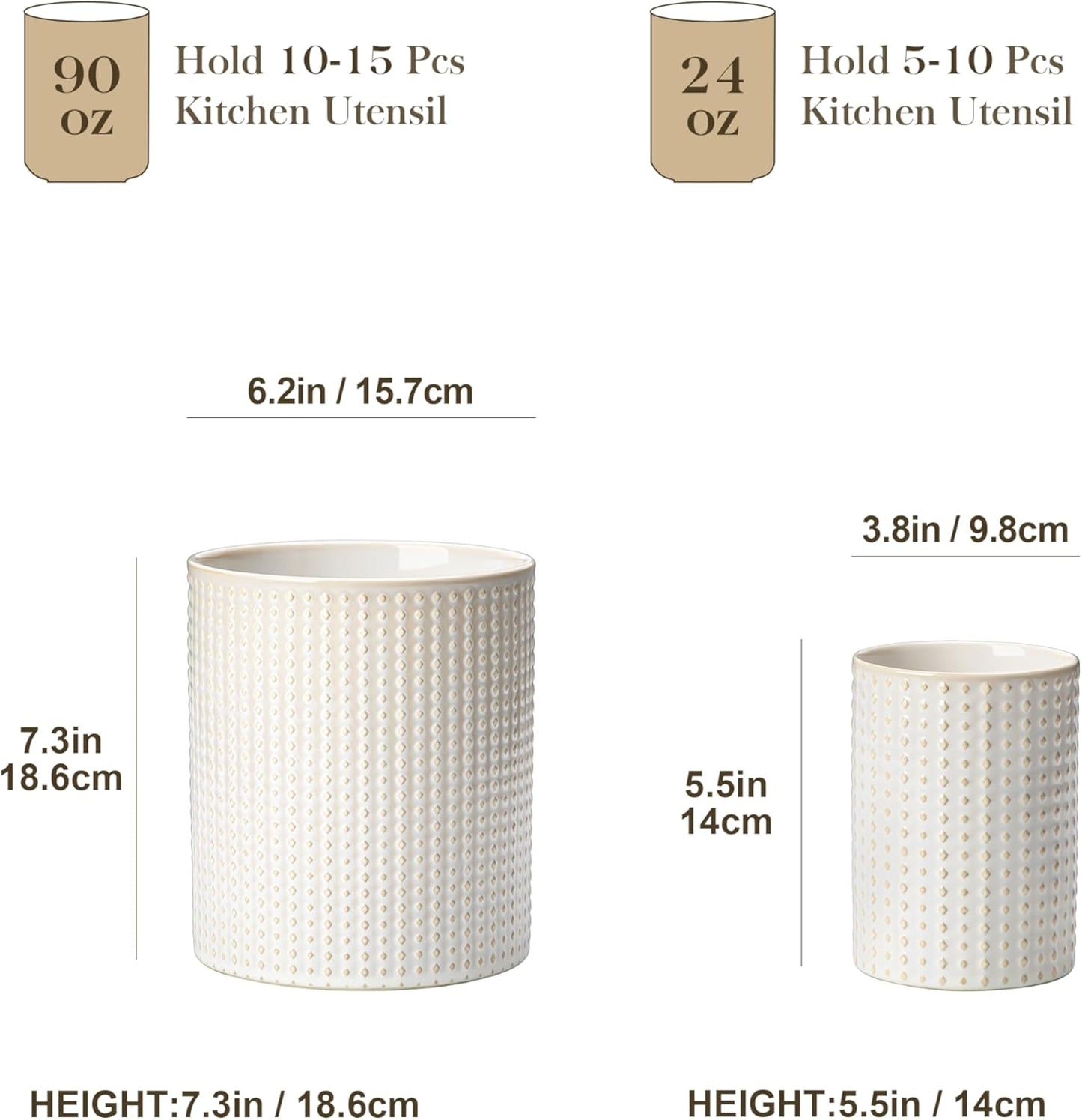 LYDIA Ceramic Utensil Holders, 7.3"+5.5" Kitchen Utensil Crock Set for Countertop, Large & Small Utensil Organizers for Cooking Tools, Rhombus Pattern