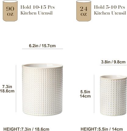 LYDIA Ceramic Utensil Holders, 7.3"+5.5" Kitchen Utensil Crock Set for Countertop, Large & Small Utensil Organizers for Cooking Tools, Rhombus Pattern