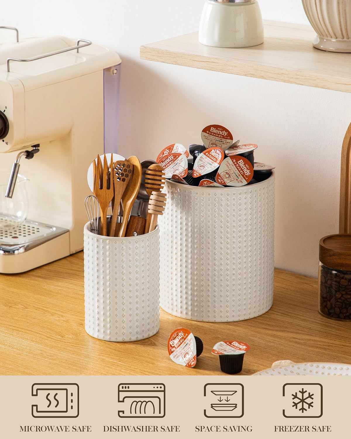 LYDIA Ceramic Utensil Holders, 7.3"+5.5" Kitchen Utensil Crock Set for Countertop, Large & Small Utensil Organizers for Cooking Tools, Rhombus Pattern