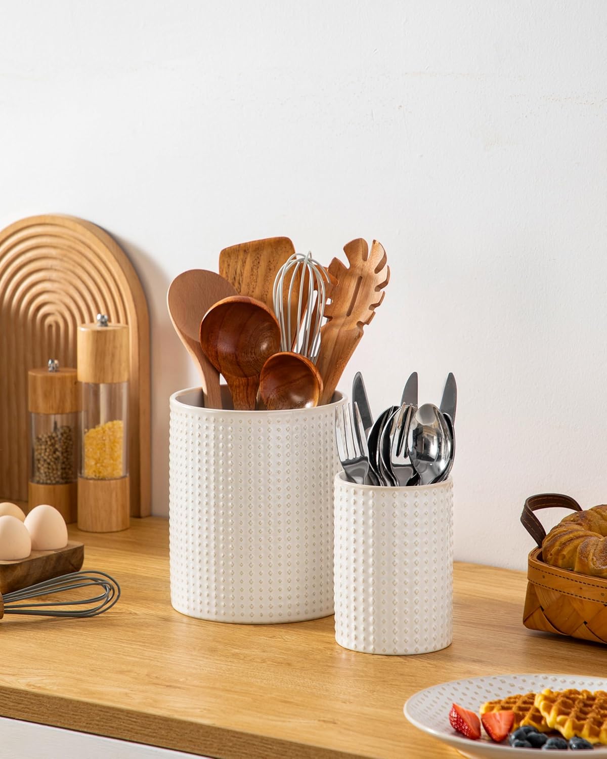 LYDIA Ceramic Utensil Holders, 7.3"+5.5" Kitchen Utensil Crock Set for Countertop, Large & Small Utensil Organizers for Cooking Tools, Rhombus Pattern