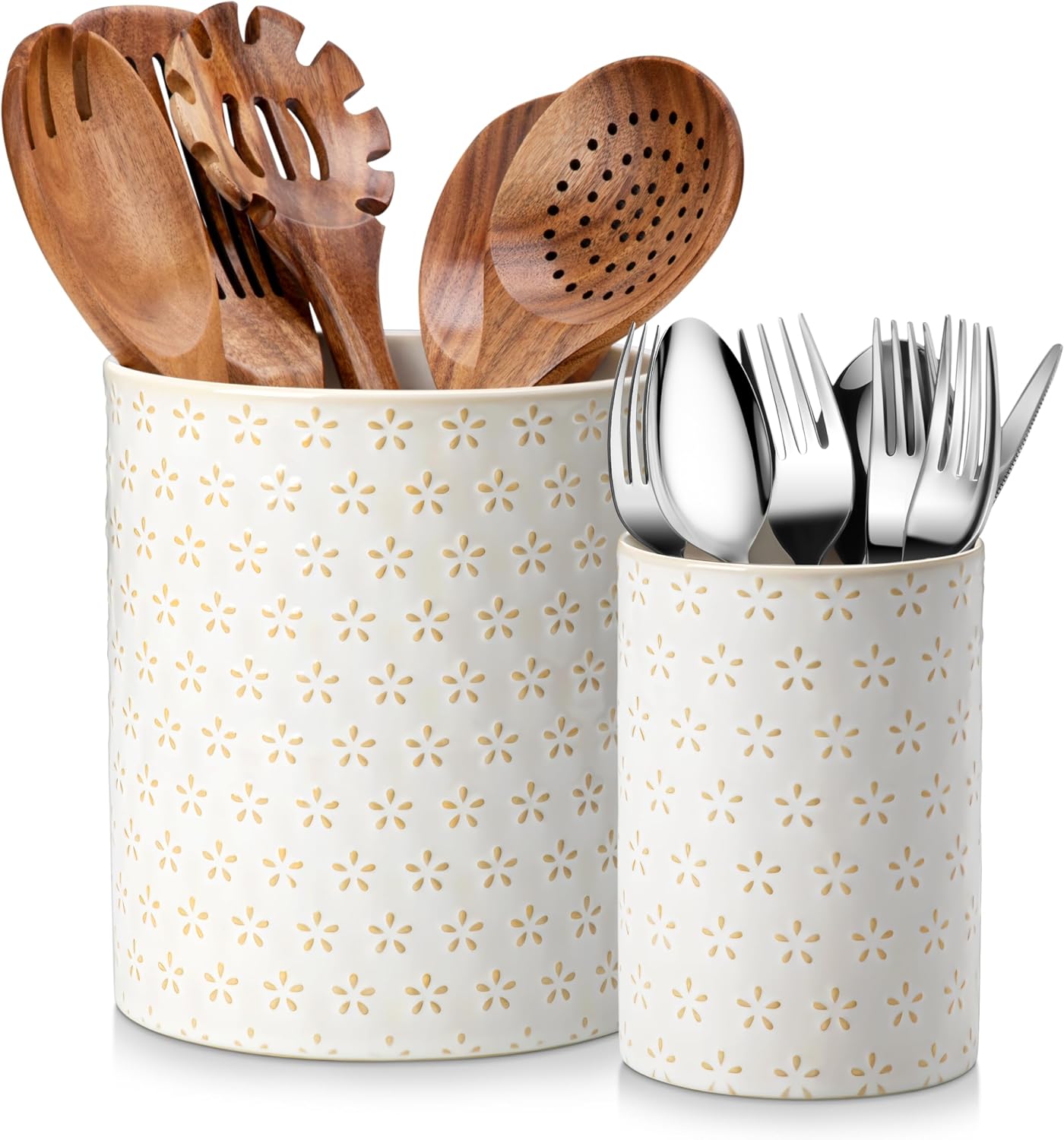 LYDIA Ceramic Utensil Holders, 7.3"+5.5" Kitchen Utensil Crock Set for Countertop, Large & Small Utensil Organizers for Cooking Tools, Rhombus Pattern