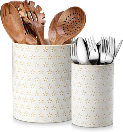 LYDIA Ceramic Utensil Holders, 7.3"+5.5" Kitchen Utensil Crock Set for Countertop, Large & Small Utensil Organizers for Cooking Tools, Rhombus Pattern
