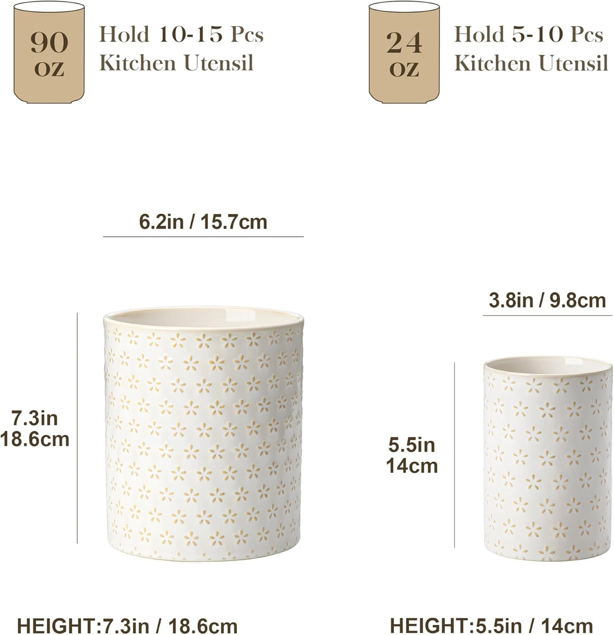 LYDIA Ceramic Utensil Holders, 7.3"+5.5" Kitchen Utensil Crock Set for Countertop, Large & Small Utensil Organizers for Cooking Tools, Rhombus Pattern