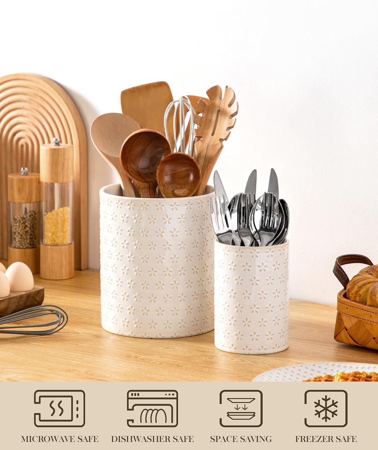 LYDIA Ceramic Utensil Holders, 7.3"+5.5" Kitchen Utensil Crock Set for Countertop, Large & Small Utensil Organizers for Cooking Tools, Rhombus Pattern