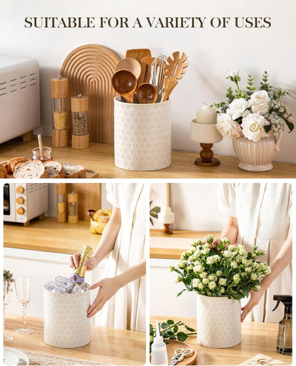 LYDIA Ceramic Utensil Holders, 7.3"+5.5" Kitchen Utensil Crock Set for Countertop, Large & Small Utensil Organizers for Cooking Tools, Rhombus Pattern