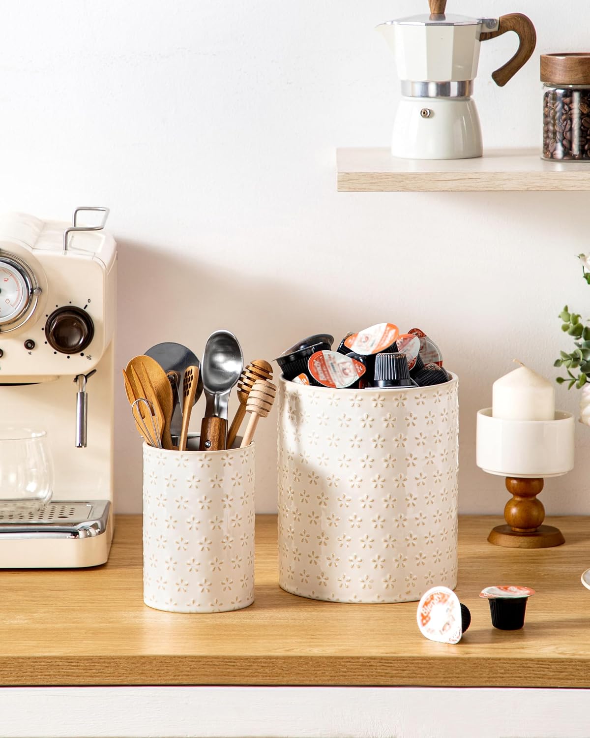 LYDIA Ceramic Utensil Holders, 7.3"+5.5" Kitchen Utensil Crock Set for Countertop, Large & Small Utensil Organizers for Cooking Tools, Rhombus Pattern