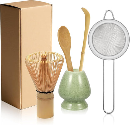Matcha Whisk Set, Matcha Making Kit Whisk, Ceramic Whisk Holder, Bamboo Scoop, Powder Starter Sifter, Spoon Japanese Tea Tools Unique Gifts for Women/Men Mom/Dad, Birthday Gift for Friend/Family